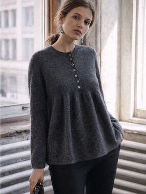 Anthro Elena Solano Cashmere Babydoll Sweater Gray Button Front M